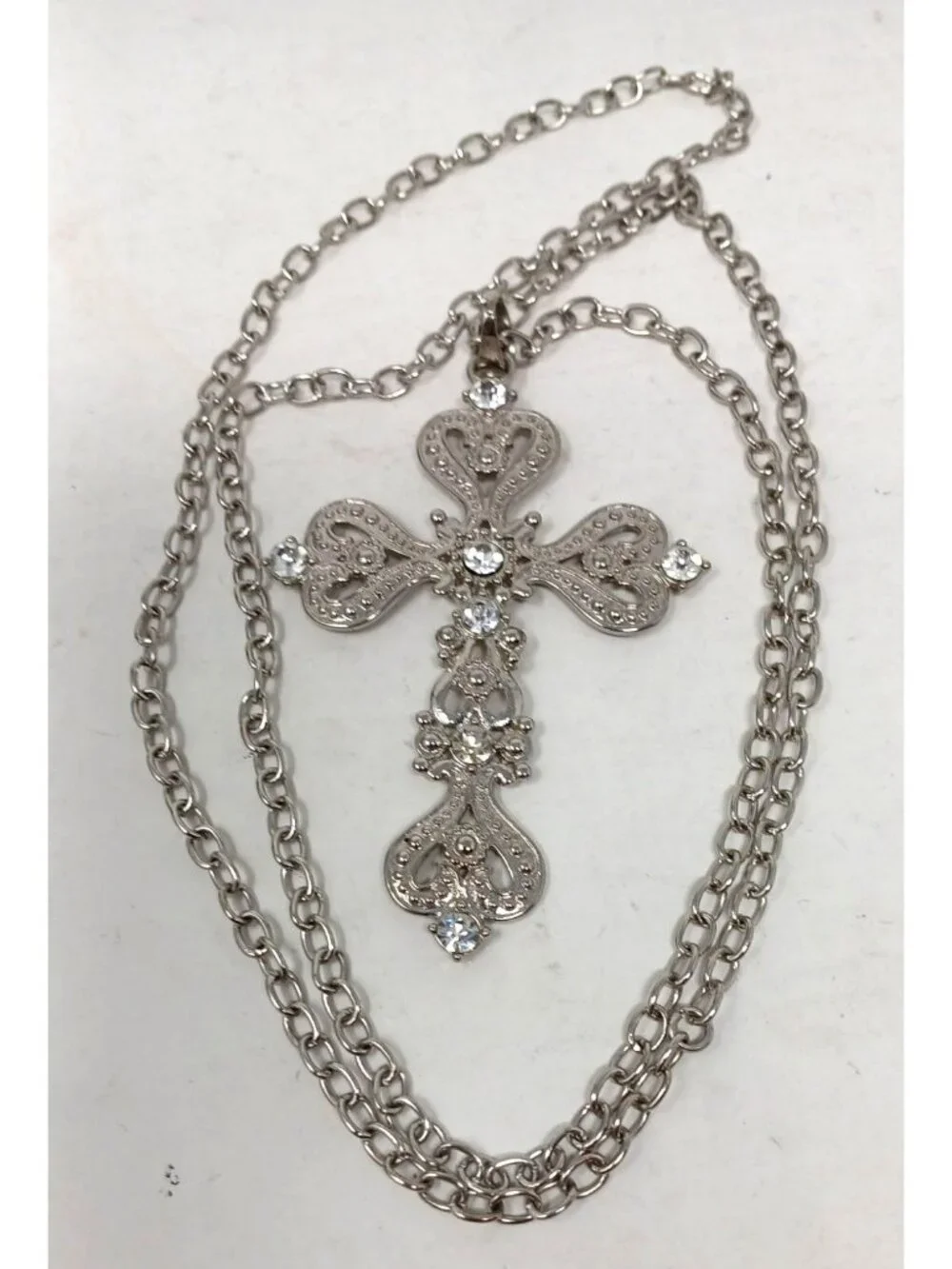 SilverTone Filigree Cross W/ Hearts Necklace Clear Rhinestones Statement 32" #J1 - Picture 2 of 6